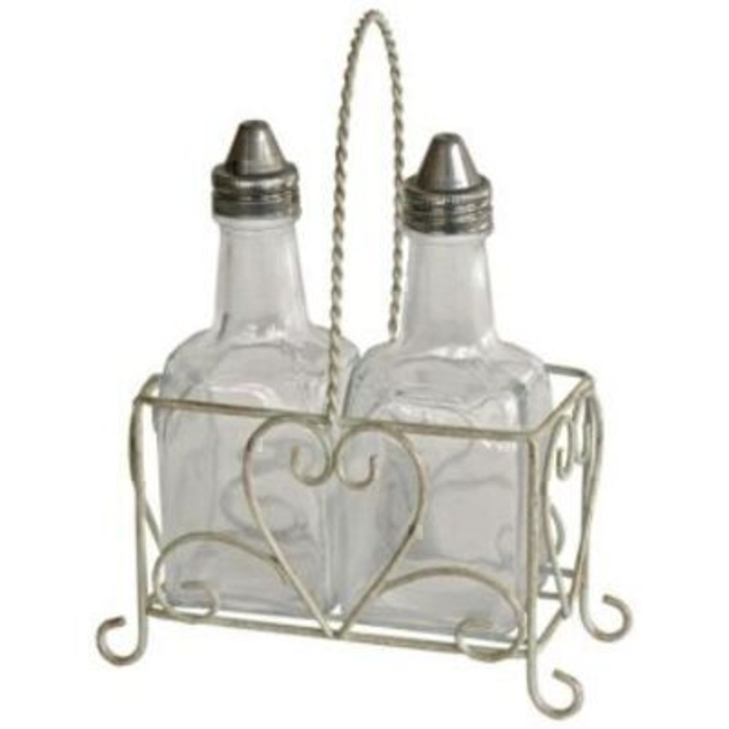Glass oil and vinegar bottles in shabby chic look heart wire carrier by Originals. Great House Warming Gift. Size 13x20x6.5cm